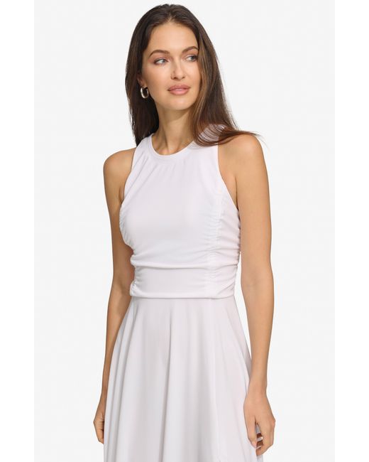 DKNY White Ruched Mesh Trim Sleeveless Maxi Dress