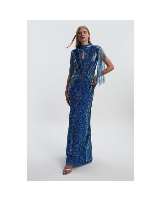 Karen Millen Women's Blue Petite Beaded Cap Sleeve Maxi Dress Karen Millen Women's Blue Petite Beaded Cap Sleeve Maxi Dress