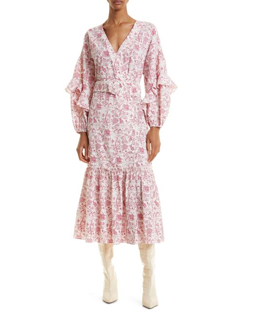 Ted Baker Pink Daritaa Print Belted Long Sleeve Midi Dress
