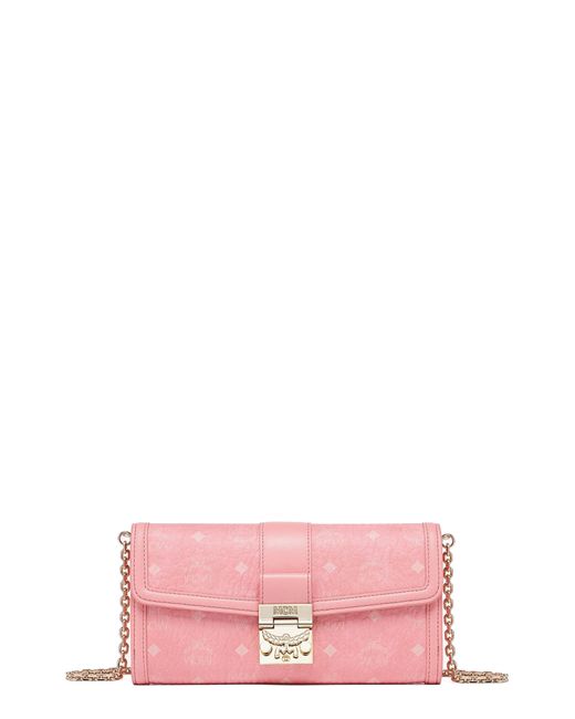 Mcm Large Patricia Visetos Canvas Wallet On A Chain In Pink