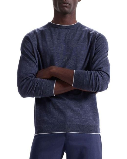 Bugatchi Men's Blue Merino Wool, Silk & Linen Crewneck Sweater