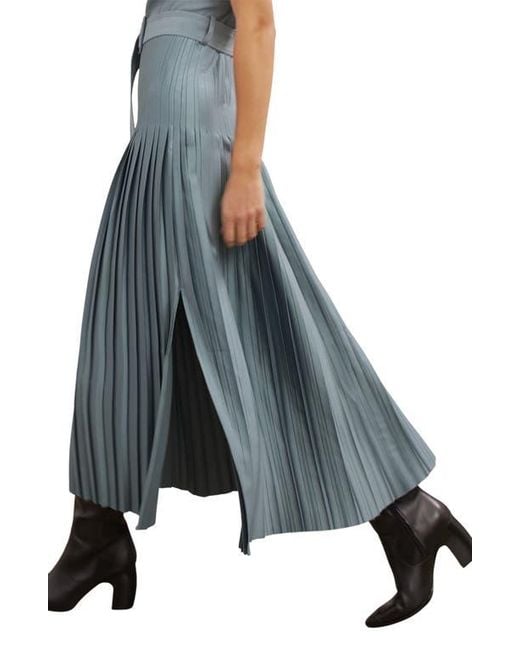 Reiss Blue Ania Belted Pleated Maxi Dress