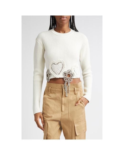 Area Natural Crystal Flower & Crochet Heart Appliqué Crop Rib Sweater