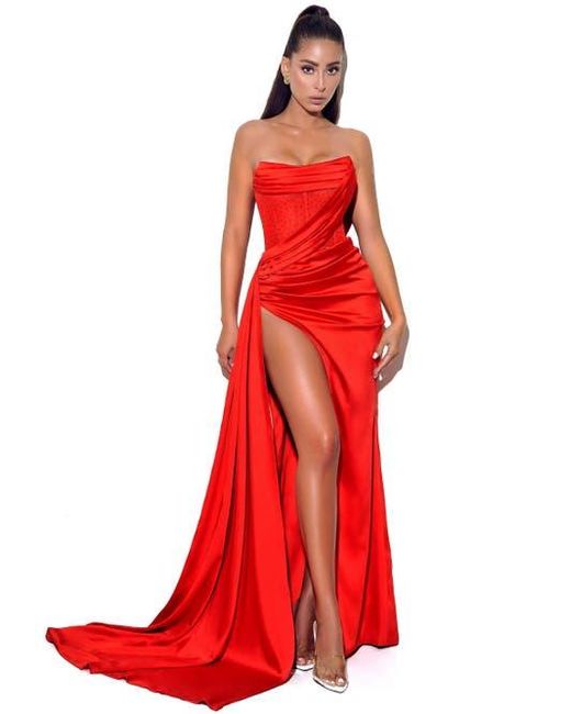 Miss Circle Red Holly Corset Crystallized High Slit Evening Gown