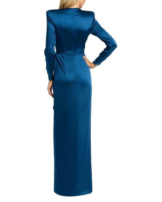 Mac Duggal Blue Long Sleeve Structured Bow Draped Gown