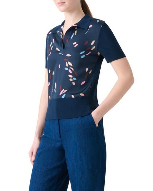 Akris Punto Blue Dropping Dots Mixed Media Polo