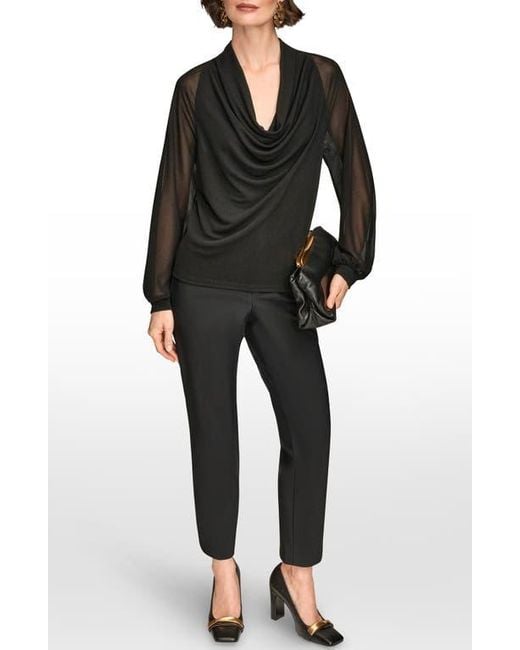 Donna Karan Black Sheer Sleeve Cowl Neck Top