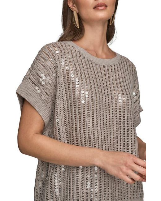 Donna Karan Gray Sequin Open Stitch Short Sleeve Sweater