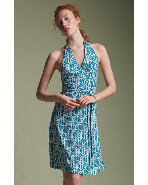 Diane von Furstenberg Blue Nishi Print Tie Waist Halter Dress