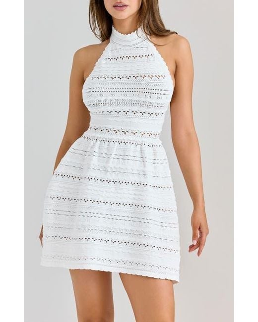 House Of Cb White Serafina Mixed Stitch Cocktail Mini Halter Dress