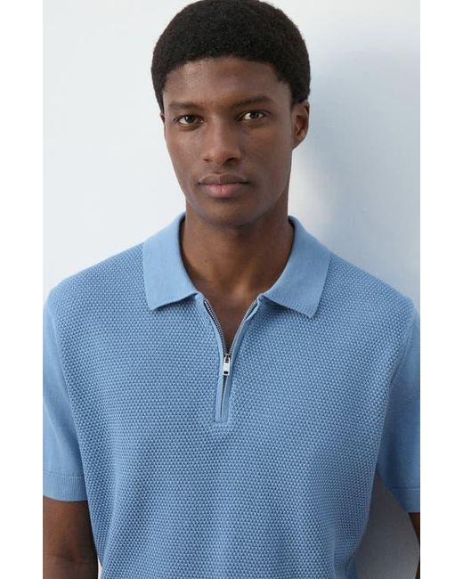 Mango Blue Solid Cotton Waffle Zip Polo Sweater for men
