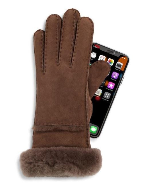 Ugg Brown Seamed Touchscreen Compatible Genuine Shearling Gloves