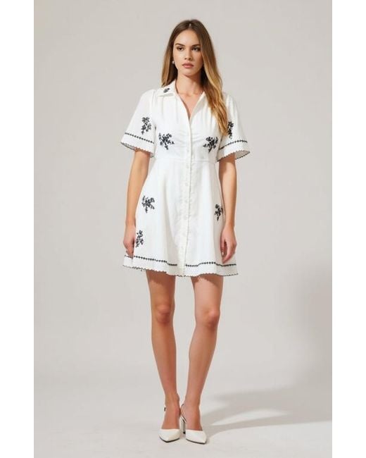 Modenaire White Scalloped Trim Short-Sleeve Button-Front Embroidered Shirt Dress