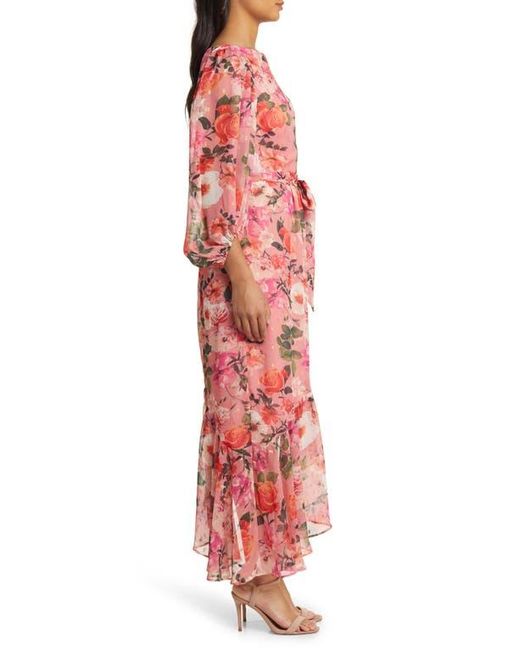 Eliza J Floral Balloon Sleeve Asymmetric Maxi Dress in Red | Lyst