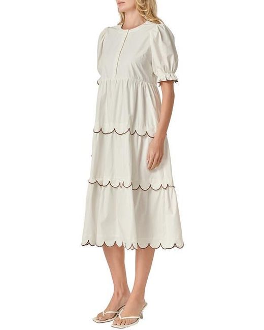 English Factory Natural Contrast Scalloped Trim Cotton Midi Dress
