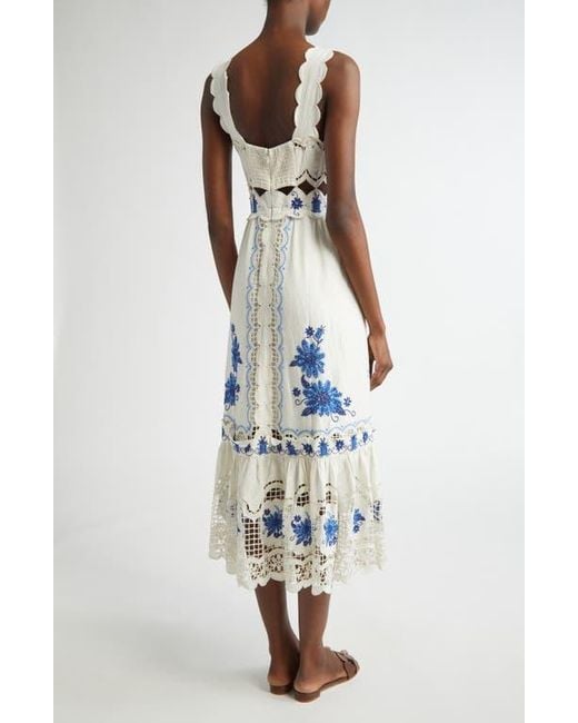 Farm Rio White Richilieu Embroidered Linen Blend Midi Sundress