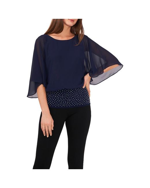 Chaus Women's Blue Imitation Pearl Chiffon Sleeve Mix Media Blouse