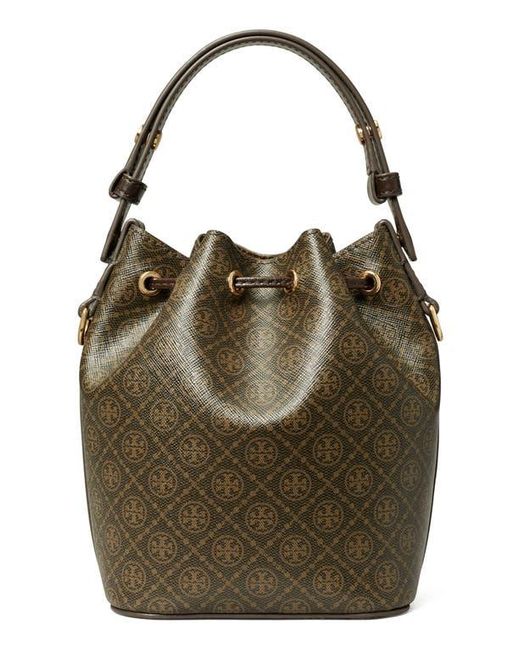 Tory Burch Green Mini T Monogram Coated Canvas Bucket Bag