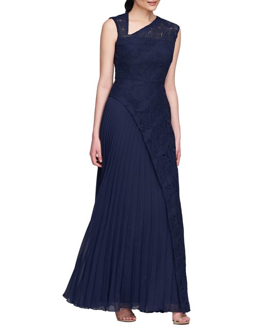Kay Unger Blue Dianna Lace Pleated Gown