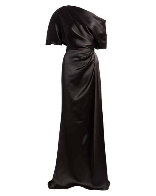 Amsale Black Gathered One-shoulder Satin Gown