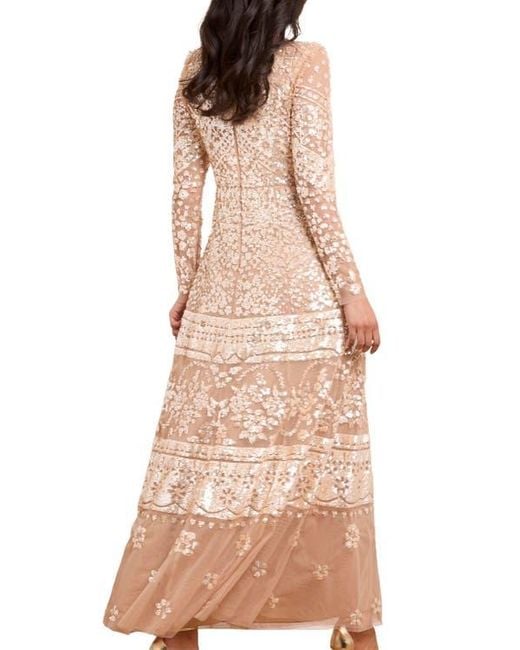 Needle & Thread Natural Aurora Long Sleeve Round Neck Gown