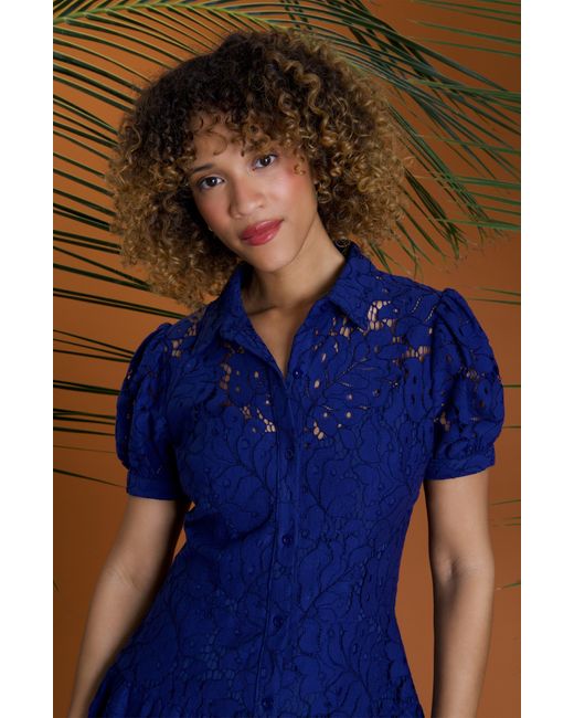 Maggy London Blue Cotton Blend Lace Fit & Flare Shirtdress