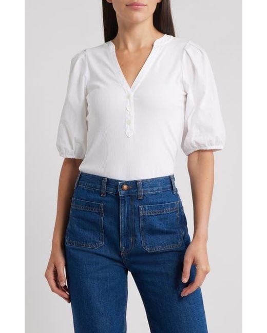 Madewell White Puff-Sleeve Henley Knit Top