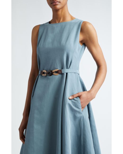 Max Mara Blue Amelie Belted Sleeveless Cotton & Linen A-line Dress