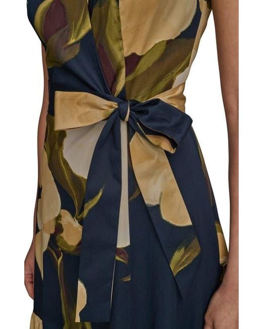Donna Karan Blue Sleeveless Faux Wrap Midi Dress
