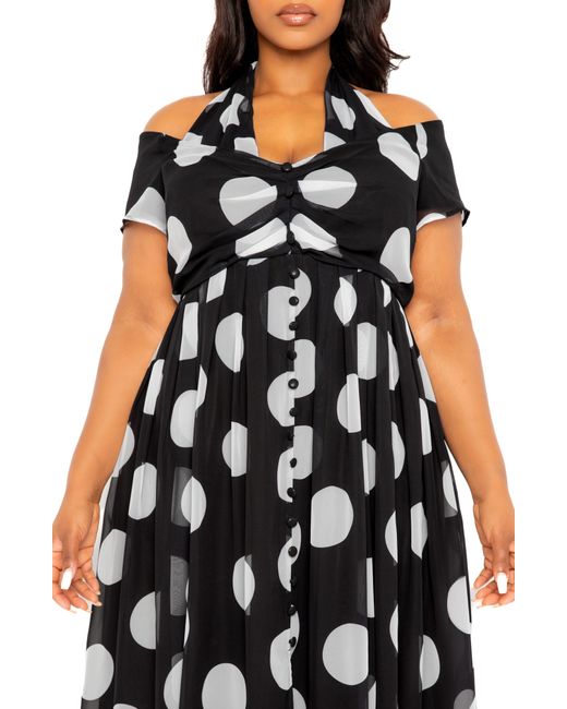 Buxom Couture Black Polka Dot Off The Shoulder Halter Maxi Dress