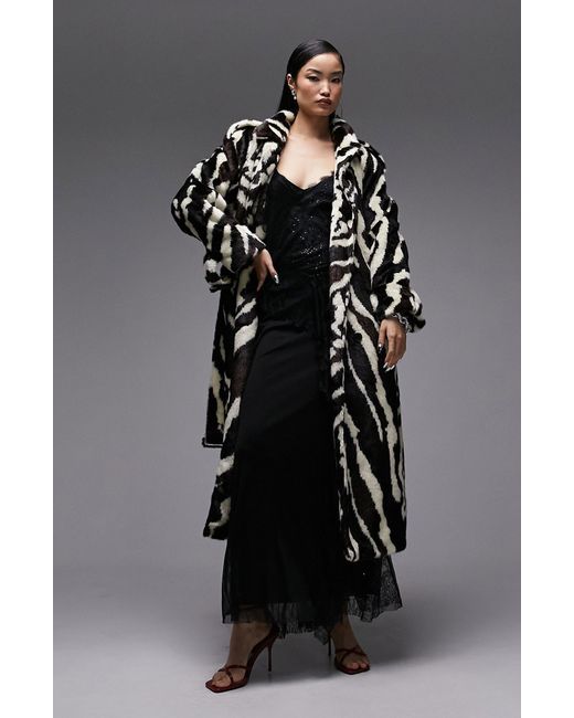 TOPSHOP Black Belted Animal Print Faux Fur Longline Coat