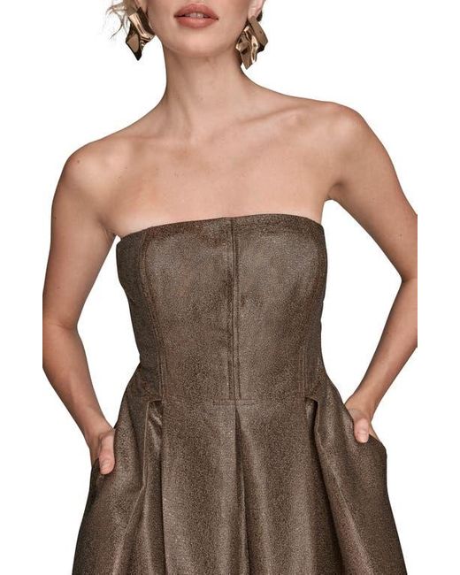Donna Karan Brown Metallic Pleated Strapless Fit & Flare Cocktail Dress