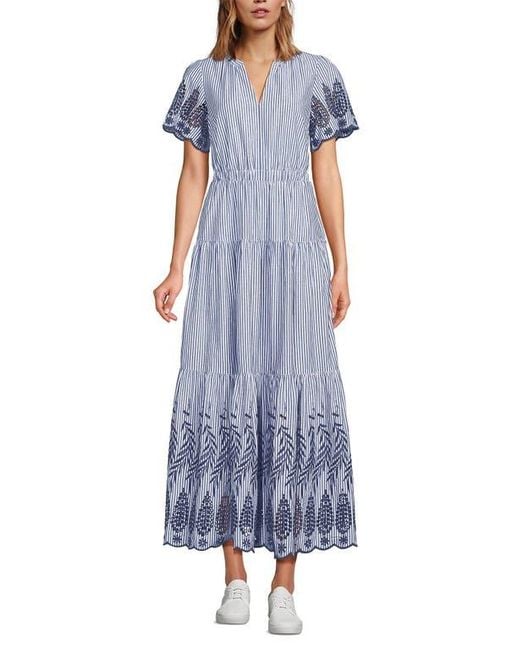 Lands' End Tiered Cotton Poplin Embroidered Maxi Dress in Blue | Lyst