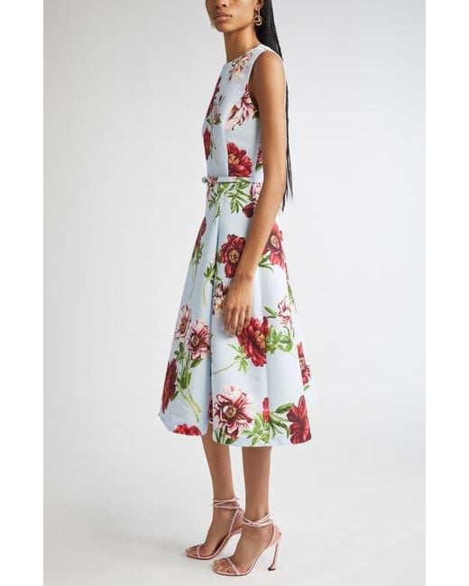 Oscar de la Renta White Peony Print Sleeveless Faille Fit & Flare Dress