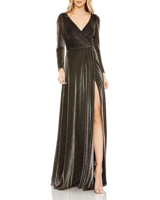 Mac Duggal Multicolor Long Sleeve Faux Wrap A Line Gown