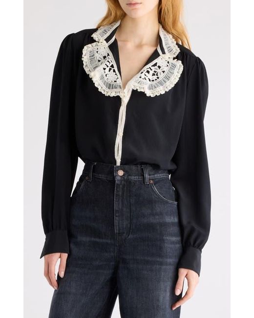 Chloé Black Silk Crêpe De Chine & Lace Ruffle Collar Button-Up Shirt