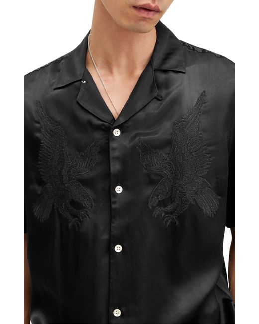 AllSaints Black Aquila Embroidered Eagle Convertible Collar Camp Shirt for men