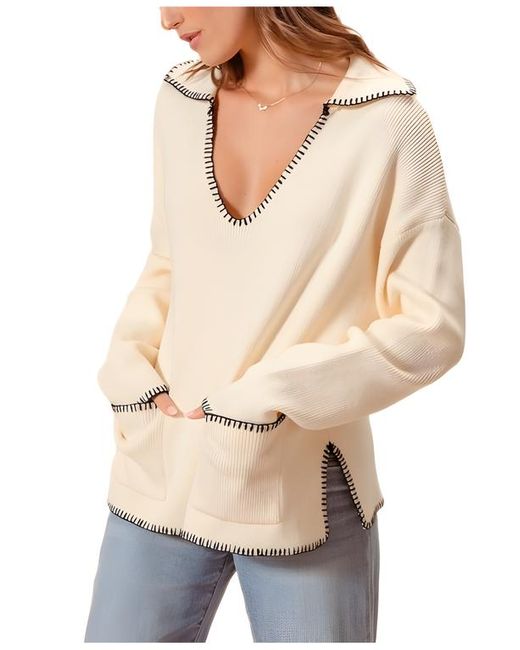 Knit & Lounge Natural Ribbed Long Sleeve V-Neck Pullover With Contrast Trim