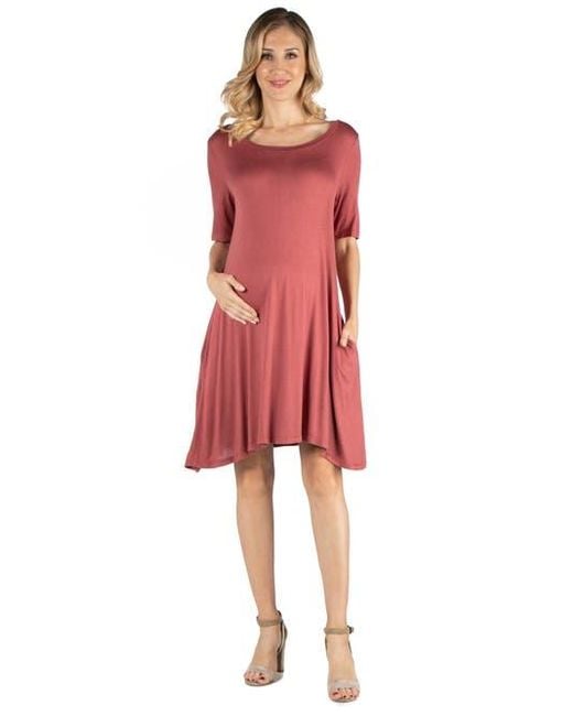 24seven Comfort Apparel Red Maternity Soft Flare T-Shirt Dress With Pocket Detail