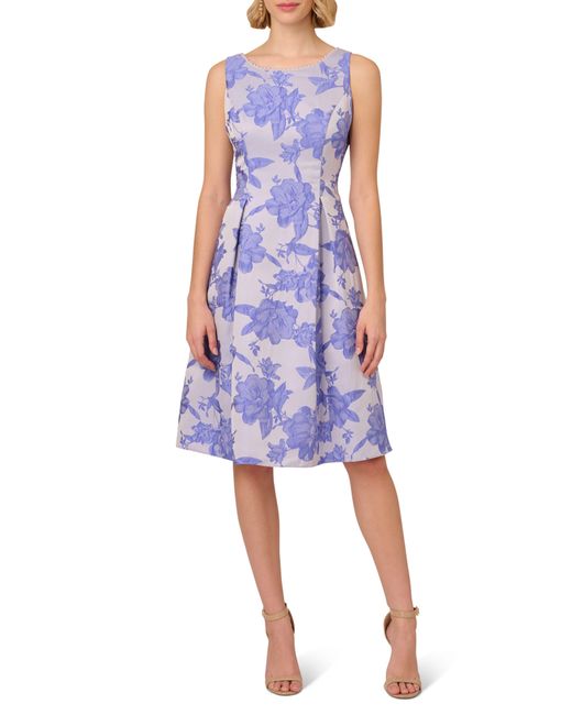 Adrianna Papell Blue Floral Jacquard A-line Dress