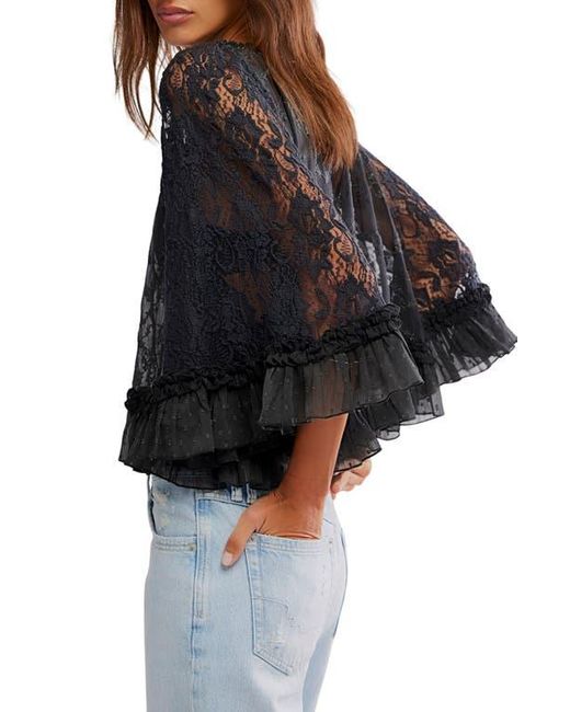 Free People Black Carly Embroidered Ruffle Cape Top