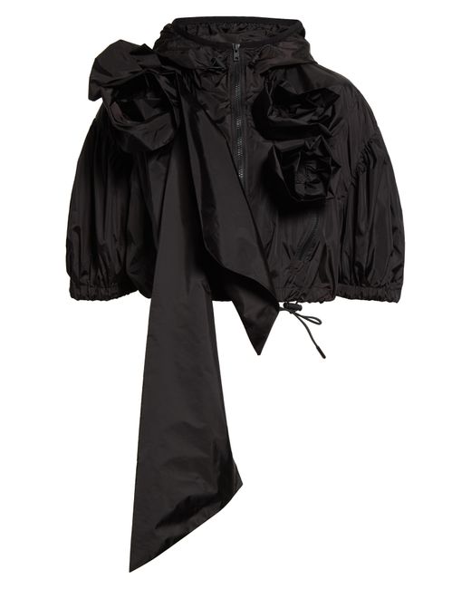 Simone Rocha Black Floral Appliqué Hooded Puff Sleeve Crop Jacket
