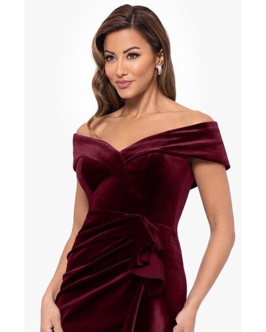 Xscape Evenings Ruffle Off The Shoulder Stretch Velvet Gown in Red | Lyst