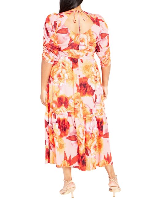City Chic Red Poppie Floral Belted Maxi Dress
