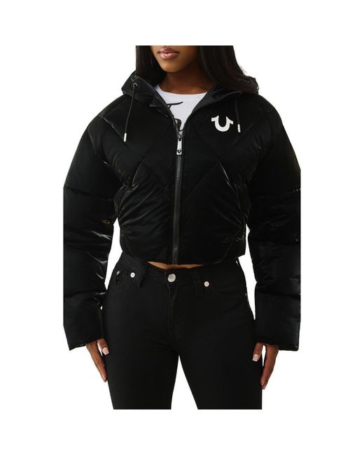 True Religion Black High Shine Hooded Crop Puffer Jacket
