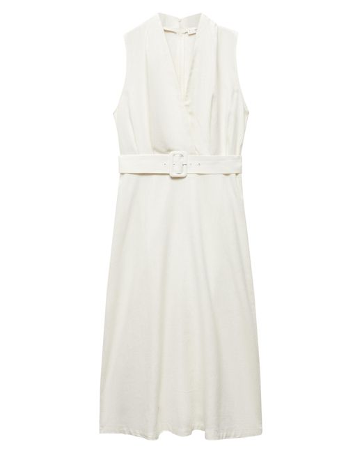 Mango White Sleeveless Belted Linen Dress