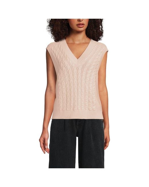 Lands' End Women's Black Drifter Modern Cable V Neck Vest Sweater
