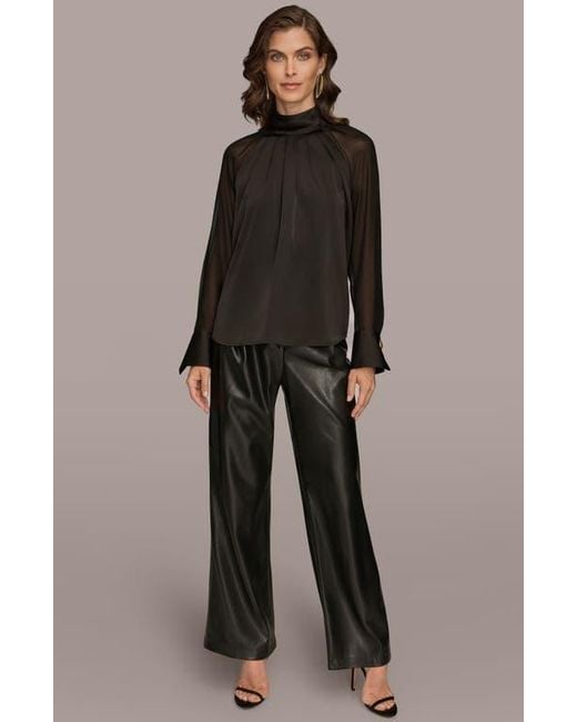 Donna Karan Black Pleated Sheer Sleeve Top