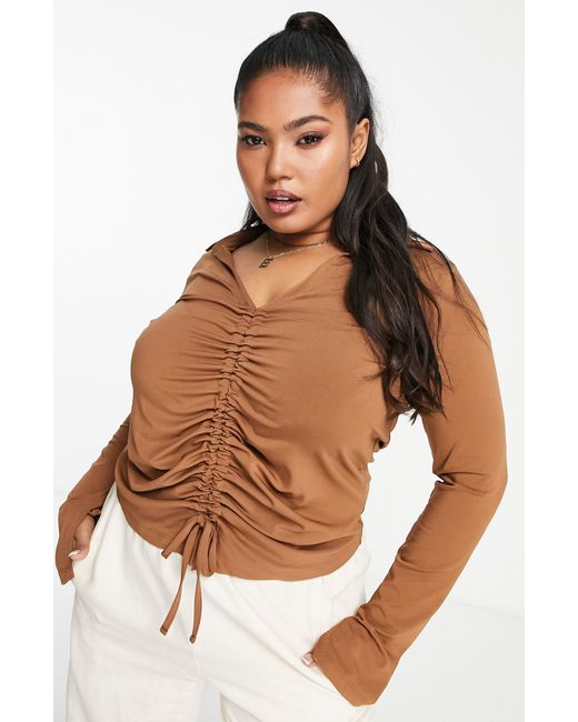 ASOS Curve Ruched Long Sleeve Top in Brown Lyst