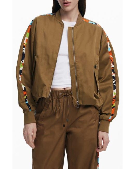 Desigual Brown Contrast Sleeve Stripe Cotton Blend Bomber Jacket